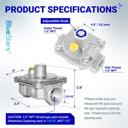 BlueStars gas regulator specification diagram showing 1/2 inch NPT inlet and outlet thread dimensions.