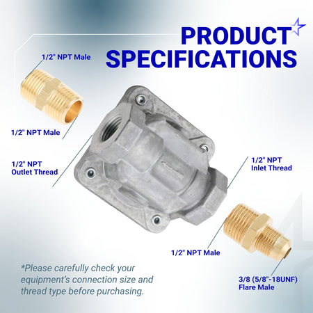Product specification diagram showing a metal valve body with 1/2 inch NPT inlet and outlet threads and brass fittings.