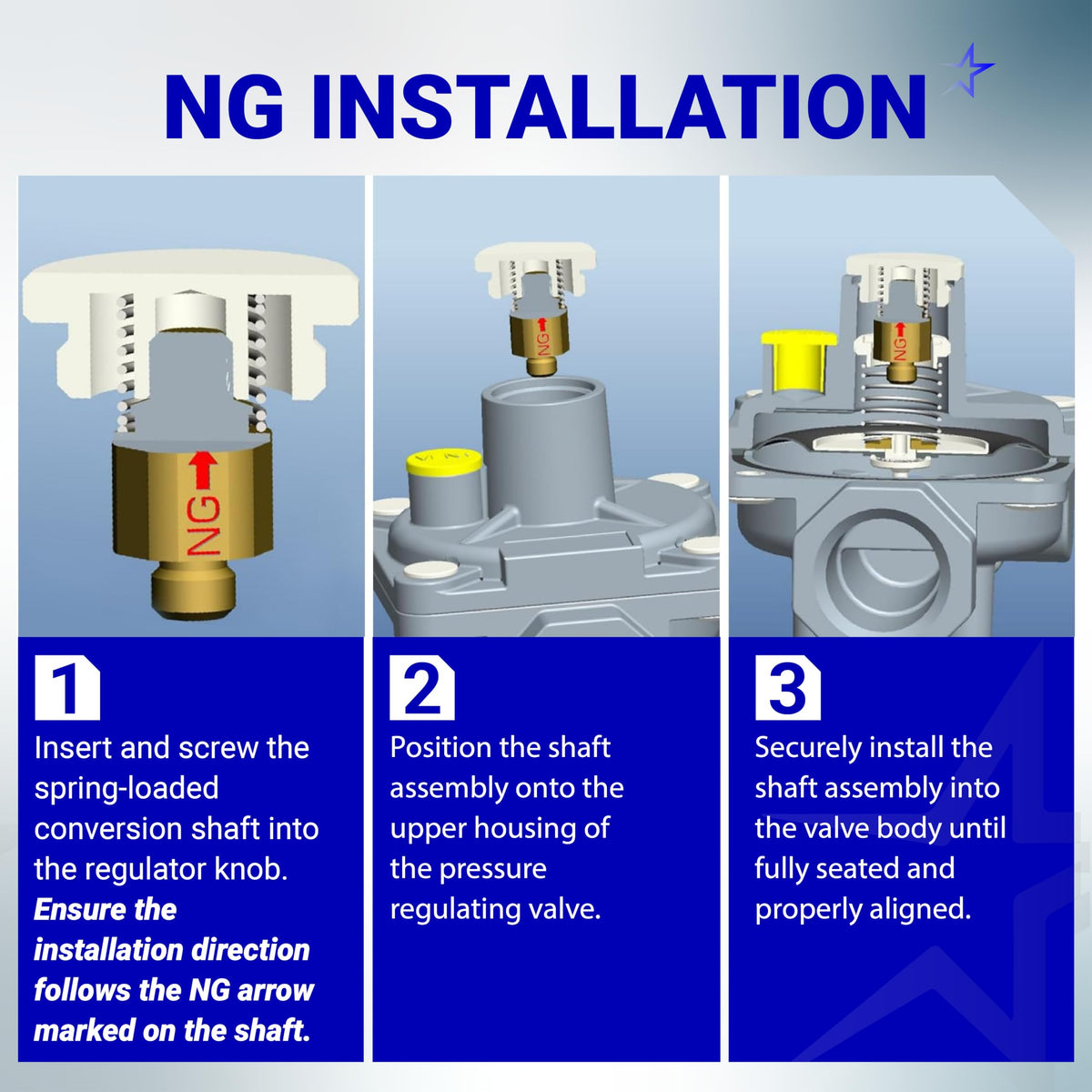 Three-step instructional diagram showing the installation process for a natural gas conversion shaft into a regulator.