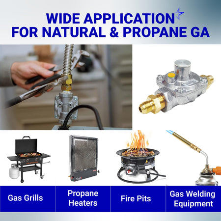 Natural and propane gas pressure regulator shown with installation examples for grills, heaters, fire pits, and torches.