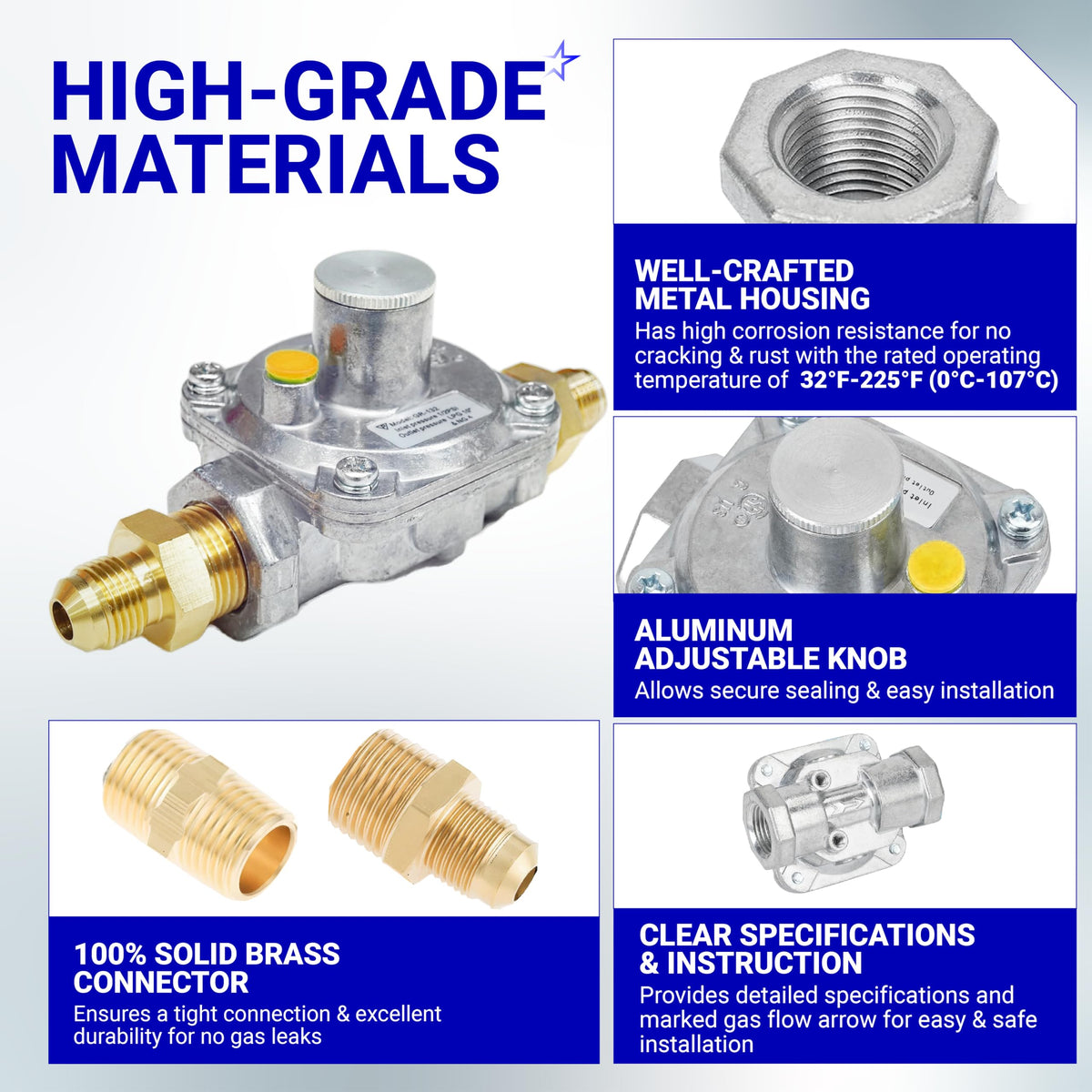 Gas pressure regulator with brass connectors and aluminum housing showing high-grade material construction features.