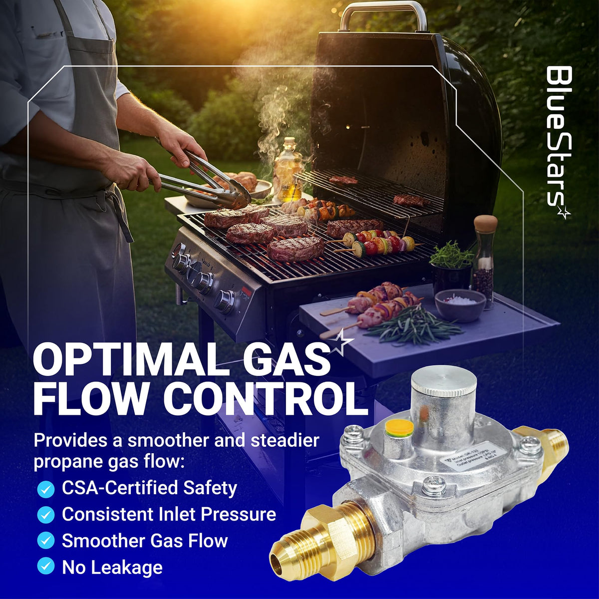 Propane gas regulator for outdoor grills with brass fittings for optimal gas flow control.