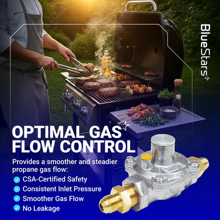 Propane gas regulator for outdoor grills with brass fittings for optimal gas flow control.