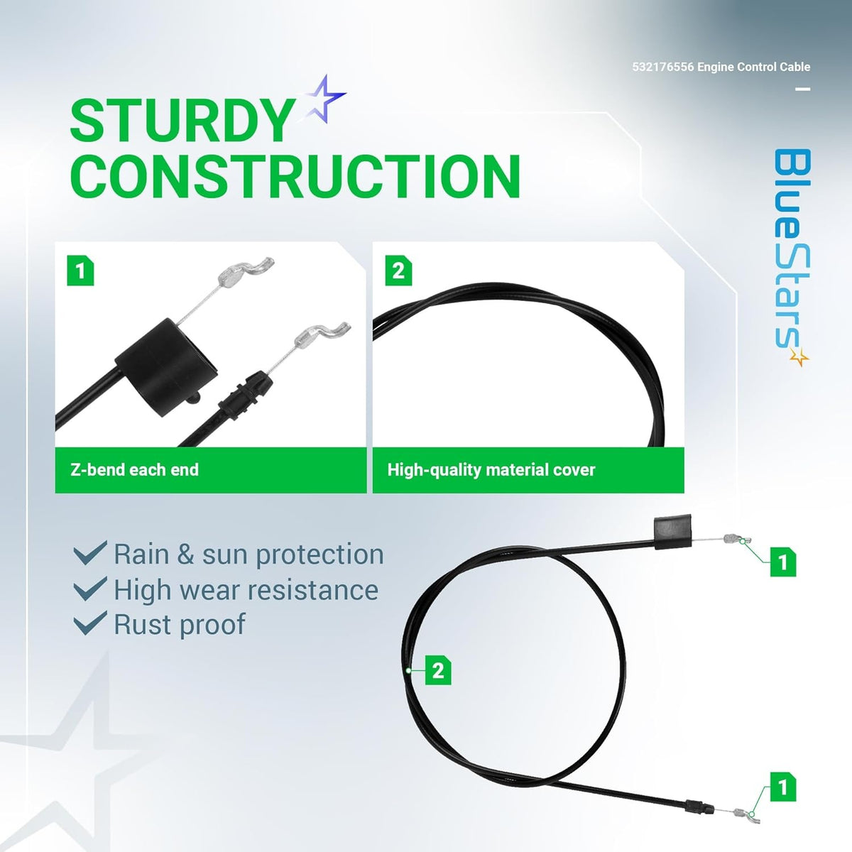Infographic showing construction details of 532176556 engine control cable with Z-bend ends and protective outer casing.