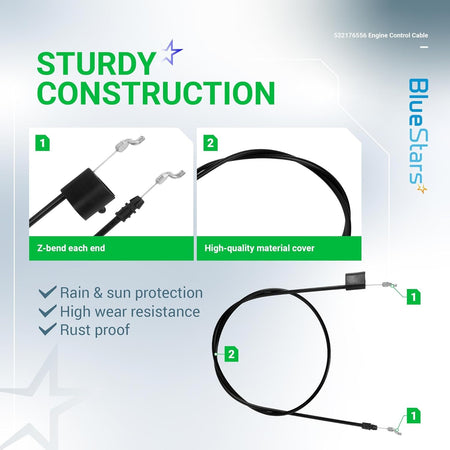 Infographic showing construction details of 532176556 engine control cable with Z-bend ends and protective outer casing.