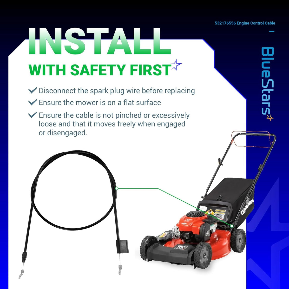 Installation guide for 532176556 engine control cable on a Craftsman self-propelled lawn mower.