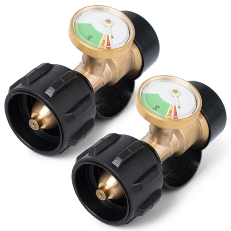 Two propane tank gauge level indicators with QCC1 connectors for RV, grill, and heater cylinders.