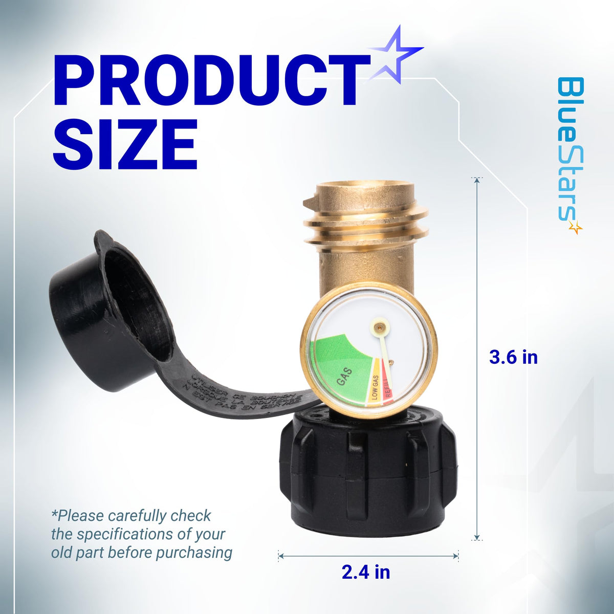 Propane tank gauge adapter with brass fitting and black plastic cap showing 3.6 inch height and 2.4 inch width dimensions.