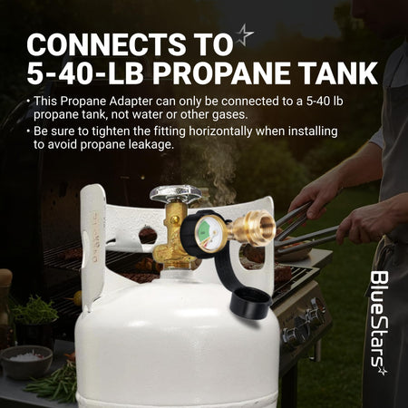 Propane tank adapter with pressure gauge connected to a 5-40 lb propane tank for grill use.