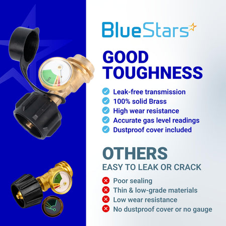 BlueStars solid brass propane tank gauge adapter with dustproof cover and leak-free design comparison chart.