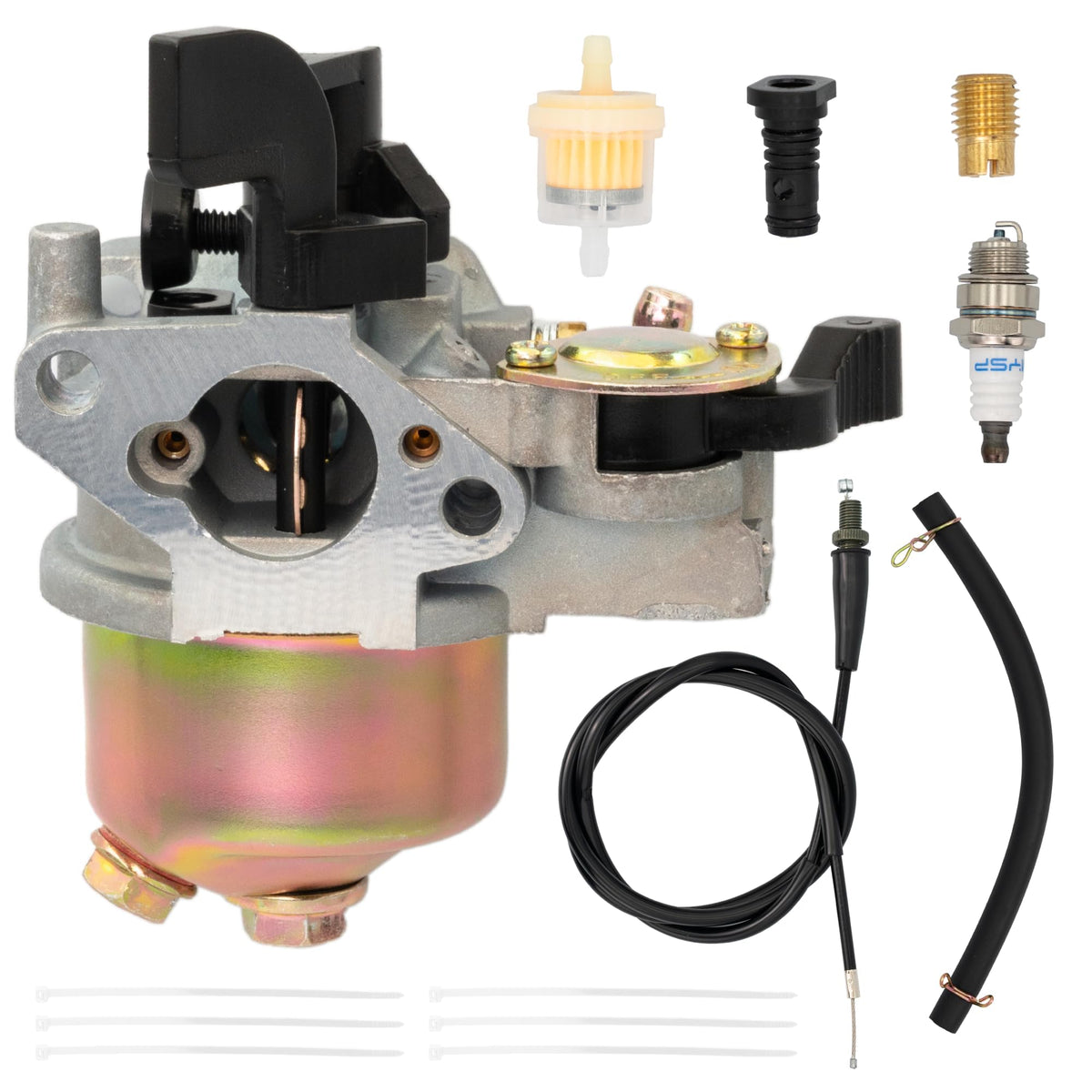 Carburetor kit for mini bike engines including carburetor, throttle cable, fuel filter, spark plug, and accessories.