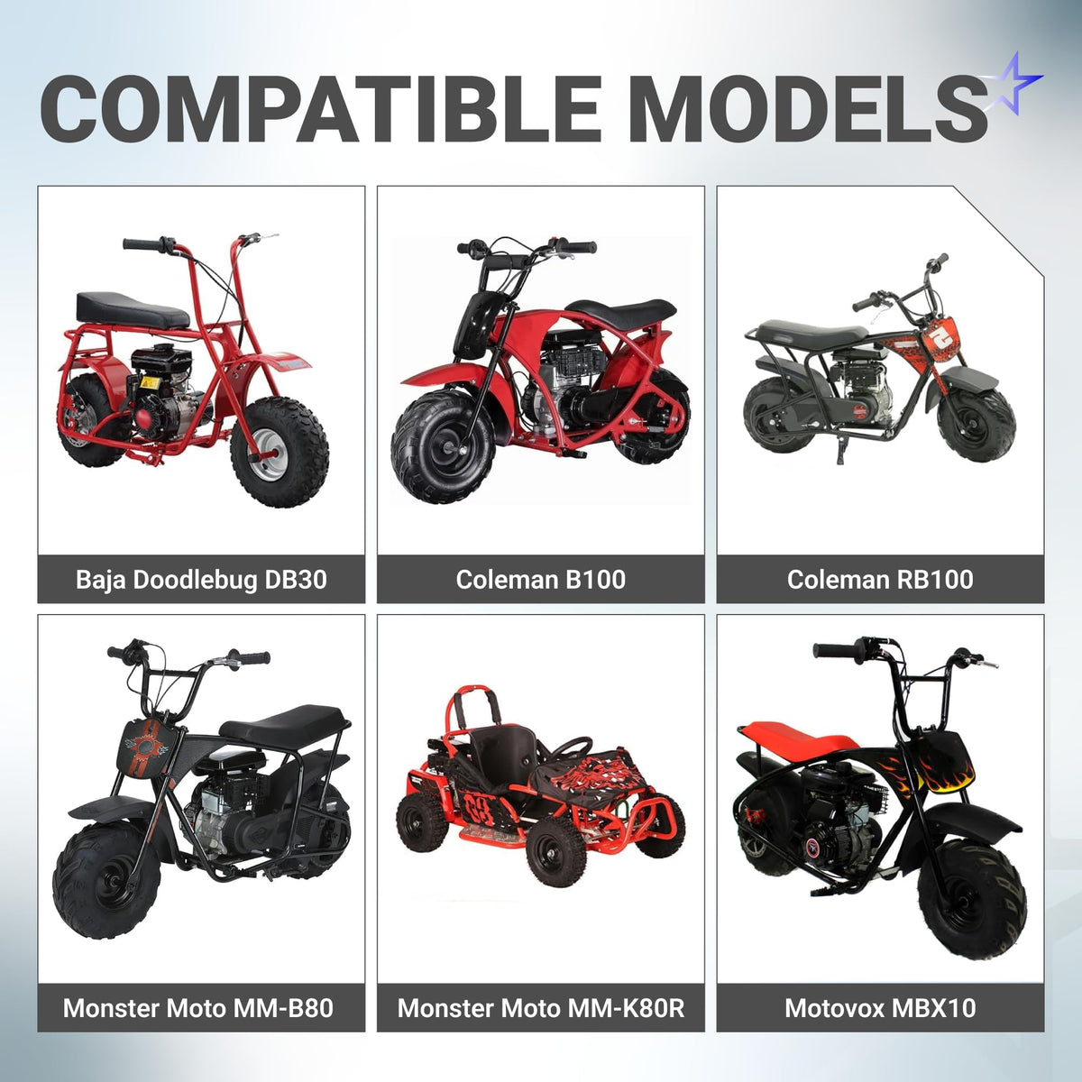Compatibility chart showing mini bike and go-kart models including Coleman, Baja, and Monster Moto.