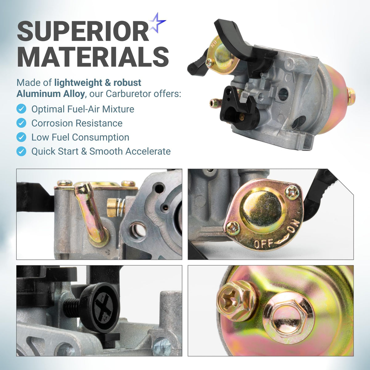 Aluminum alloy carburetor assembly showing fuel intake, choke lever, and fuel bowl details.