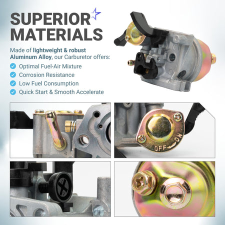 Aluminum alloy carburetor assembly showing fuel intake, choke lever, and fuel bowl details.