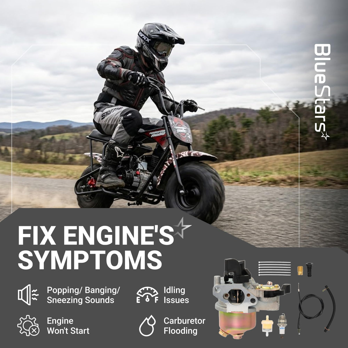 Replacement carburetor kit for mini bike engine repair with spark plug, fuel filter, and throttle cable.