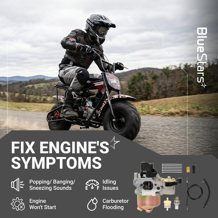 Replacement carburetor kit for mini bike engine repair with spark plug, fuel filter, and throttle cable.