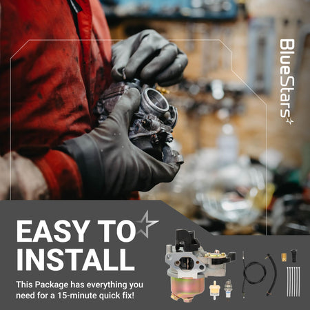 Mechanic holding a carburetor replacement kit including fuel filter, spark plug, and cable for easy engine repair.