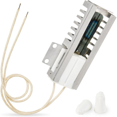 Replacement gas range oven igniter with wire leads and two wire nuts for Frigidaire, Kenmore, and GE ovens.