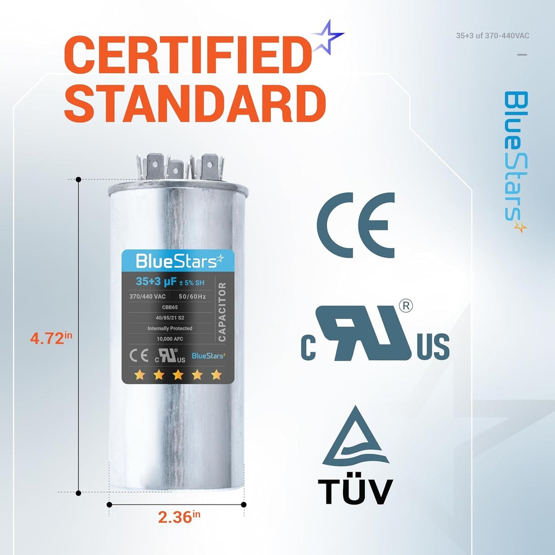 BlueStars 35+3 uF 370/440 VAC dual run round capacitor with dimensions shown in an infographic.