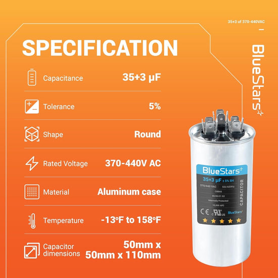 Technical specification chart for 35+3 uF 370/440 VAC dual run round capacitor with product dimensions.