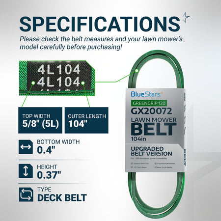 Specification chart for GX20072 lawn mower deck belt showing dimensions and compatibility details.
