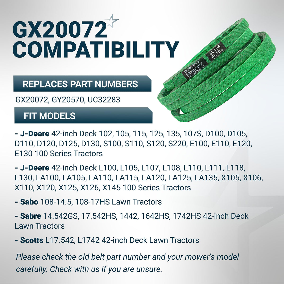 GX20072 replacement deck belt for 42-inch John Deere mowers with compatibility chart and part number list.