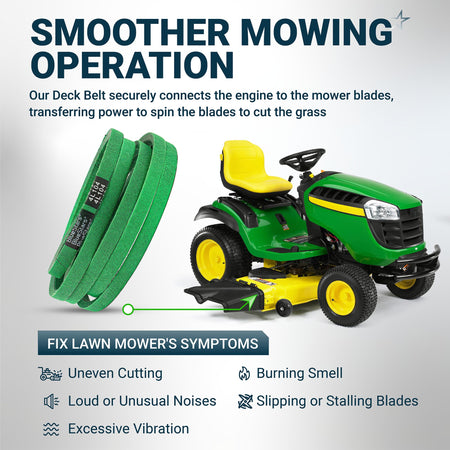 GX20072 replacement deck belt for John Deere 42-inch mower, showing installation point and common mower symptoms.