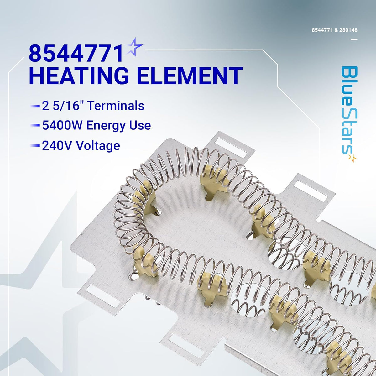 8544771 dryer heating element for Whirlpool and Kenmore dryers, featuring 5400W 240V coil assembly.
