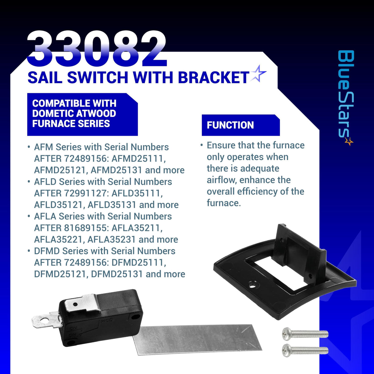 33082 sail switch with bracket kit for Dometic Atwood RV furnaces including switch, metal blade, bracket, and screws.