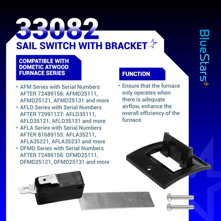 33082 sail switch with bracket kit for Dometic Atwood RV furnaces including switch, metal blade, bracket, and screws.