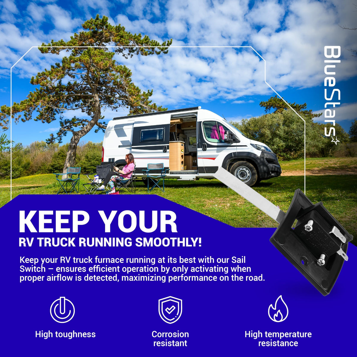 33082 sail switch with bracket for Dometic Atwood RV furnace, shown in a promotional lifestyle graphic.