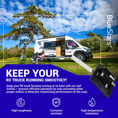 33082 sail switch with bracket for Dometic Atwood RV furnace, shown in a promotional lifestyle graphic.