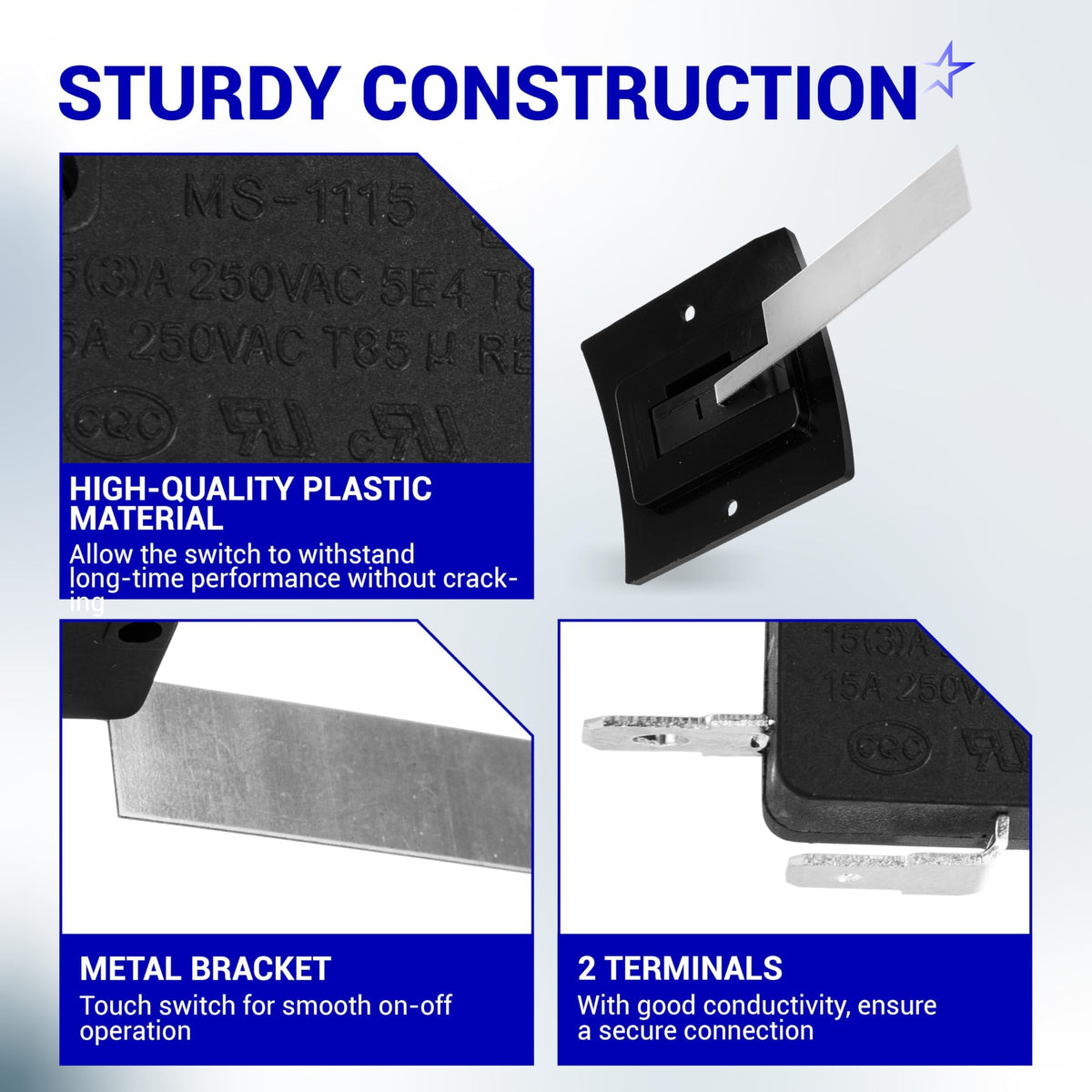 Infographic showing construction details of Dometic Atwood RV furnace sail switch with metal bracket and two terminals.