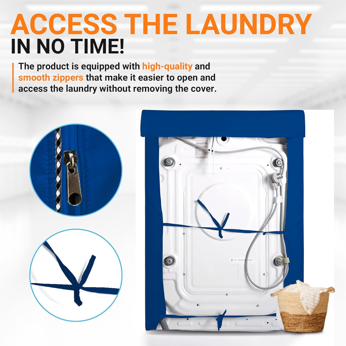 Blue top-load washing machine cover featuring a close-up of the smooth zipper and adjustable tie-back straps.
