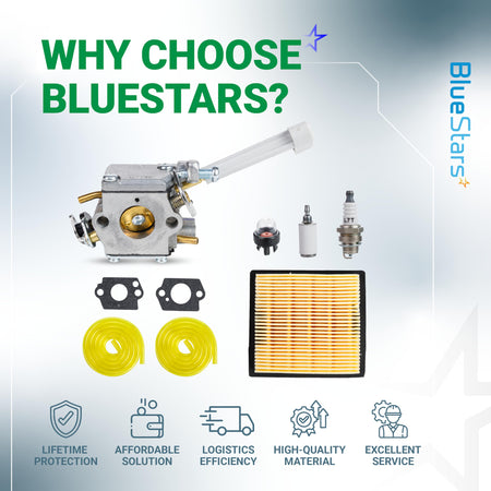 BP42 carburetor kit for Ryobi backpack leaf blowers including air filter, fuel filter, spark plug, and fuel lines.