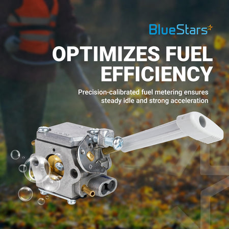BP42 carburetor replacement for Ryobi backpack leaf blowers with white throttle lever and fuel efficiency graphic.