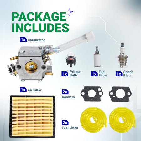 BP42 carburetor kit for Ryobi leaf blowers including carburetor, air filter, fuel filter, spark plug, bulb, and gaskets.