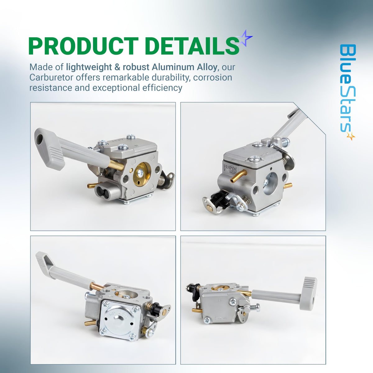 Collage of BP42 carburetor angles for Ryobi backpack leaf blowers showing aluminum alloy construction and choke lever.
