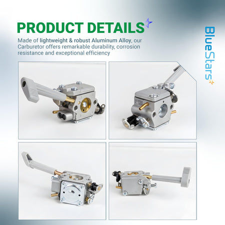 Collage of BP42 carburetor angles for Ryobi backpack leaf blowers showing aluminum alloy construction and choke lever.