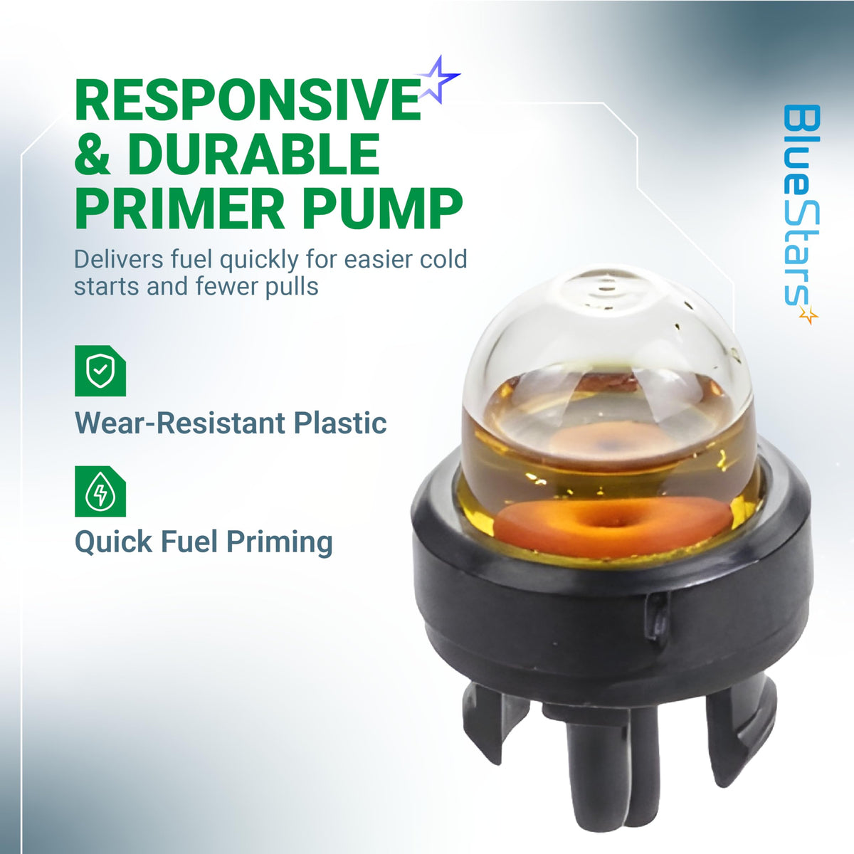 Replacement primer bulb for Ryobi backpack leaf blower carburetors, featuring durable wear-resistant plastic.