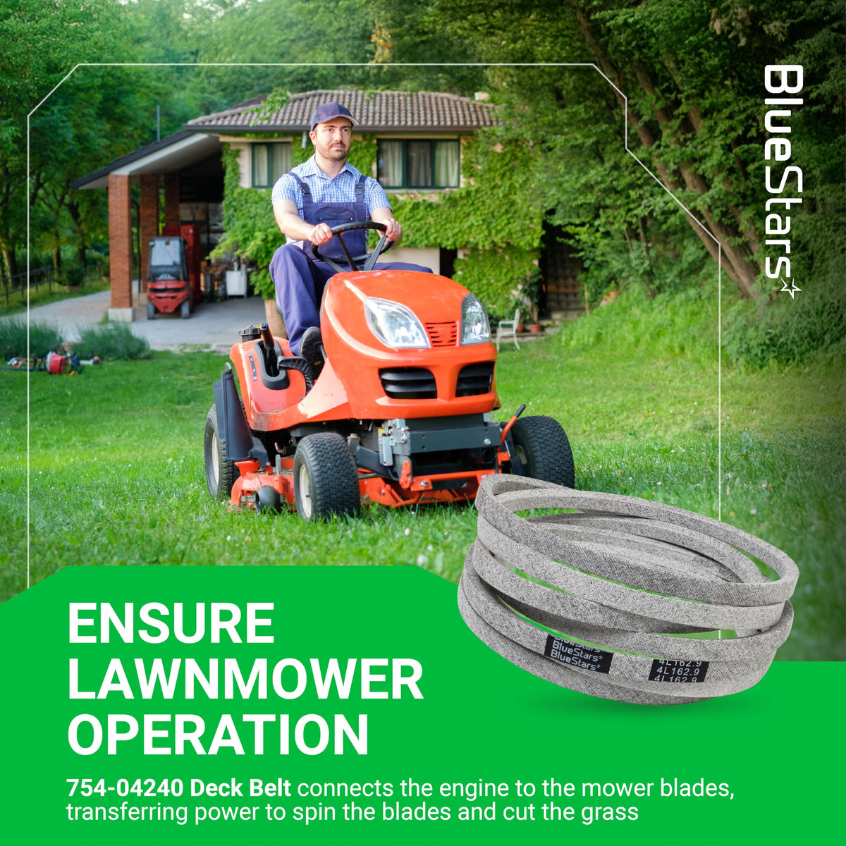 754-04240 mower deck belt for 50-inch Cub Cadet and MTD lawn mowers shown with a riding mower in a yard.