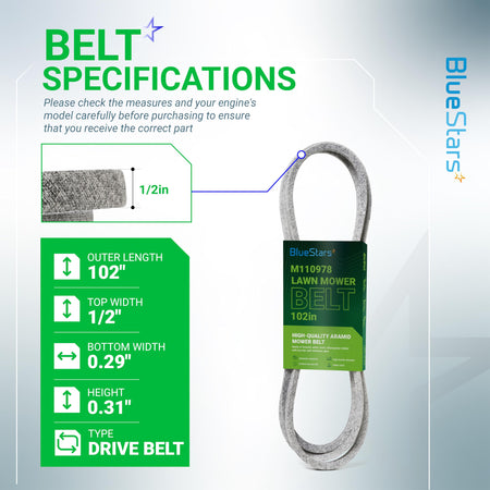 Infographic showing specifications for 754-04240 mower deck belt, including 102-inch length and 1/2-inch width dimensions.