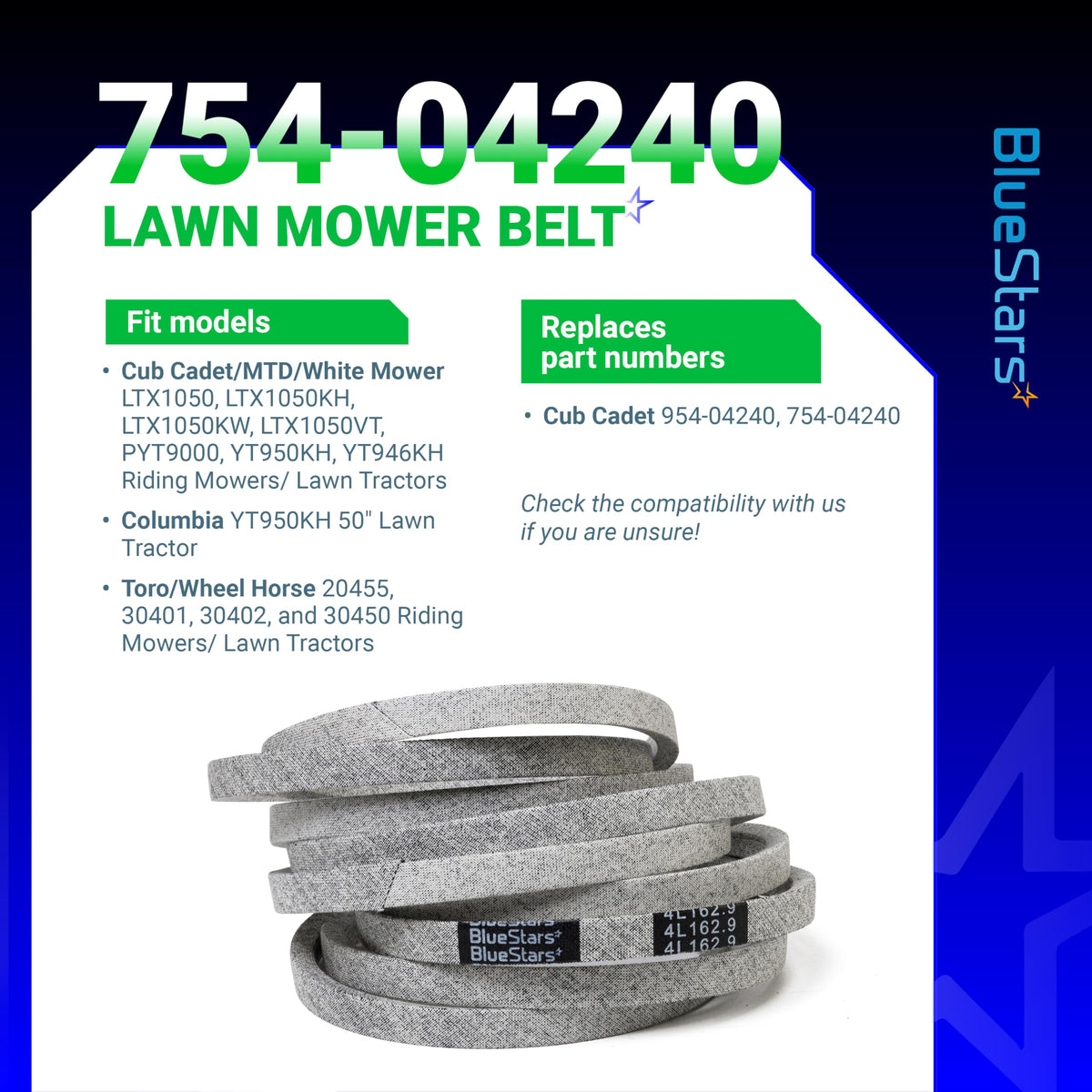 754-04240 mower deck belt for Cub Cadet and MTD 50-inch lawn mowers, shown with compatibility chart.
