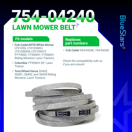 754-04240 mower deck belt for Cub Cadet and MTD 50-inch lawn mowers, shown with compatibility chart.