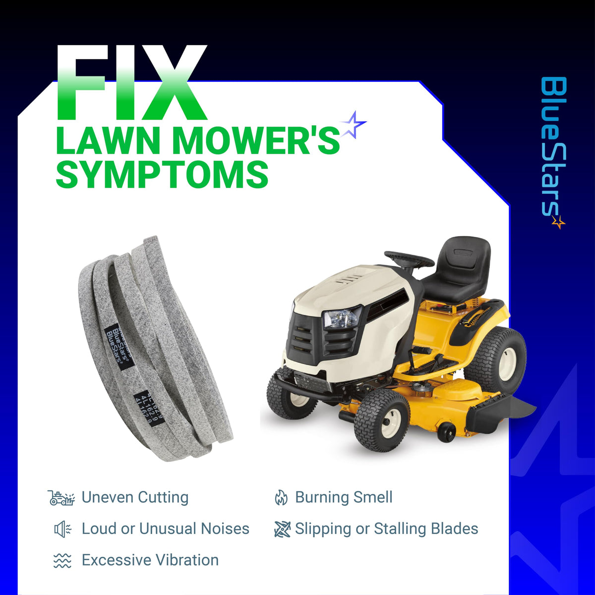754-04240 mower deck belt for 50-inch Cub Cadet lawn mowers with symptom troubleshooting guide.