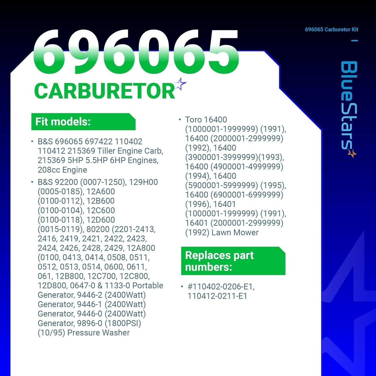 Informational chart listing fitment models and part numbers for 696065 697422 carburetor kit.