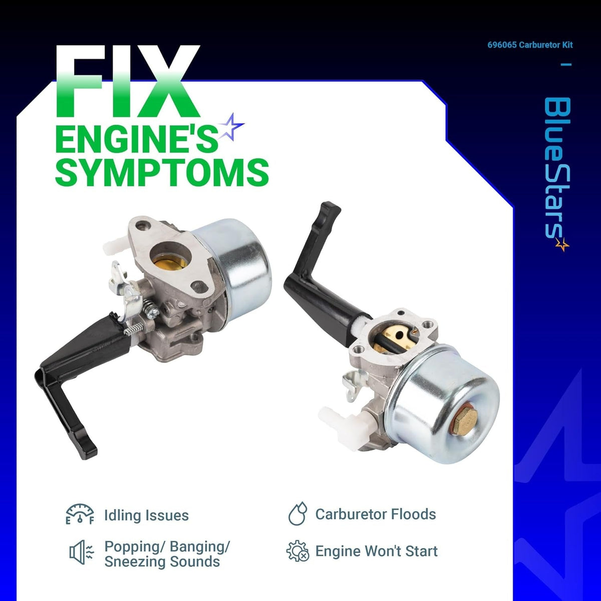Two 696065 697422 replacement carburetors for tiller and generator engines shown from different angles.