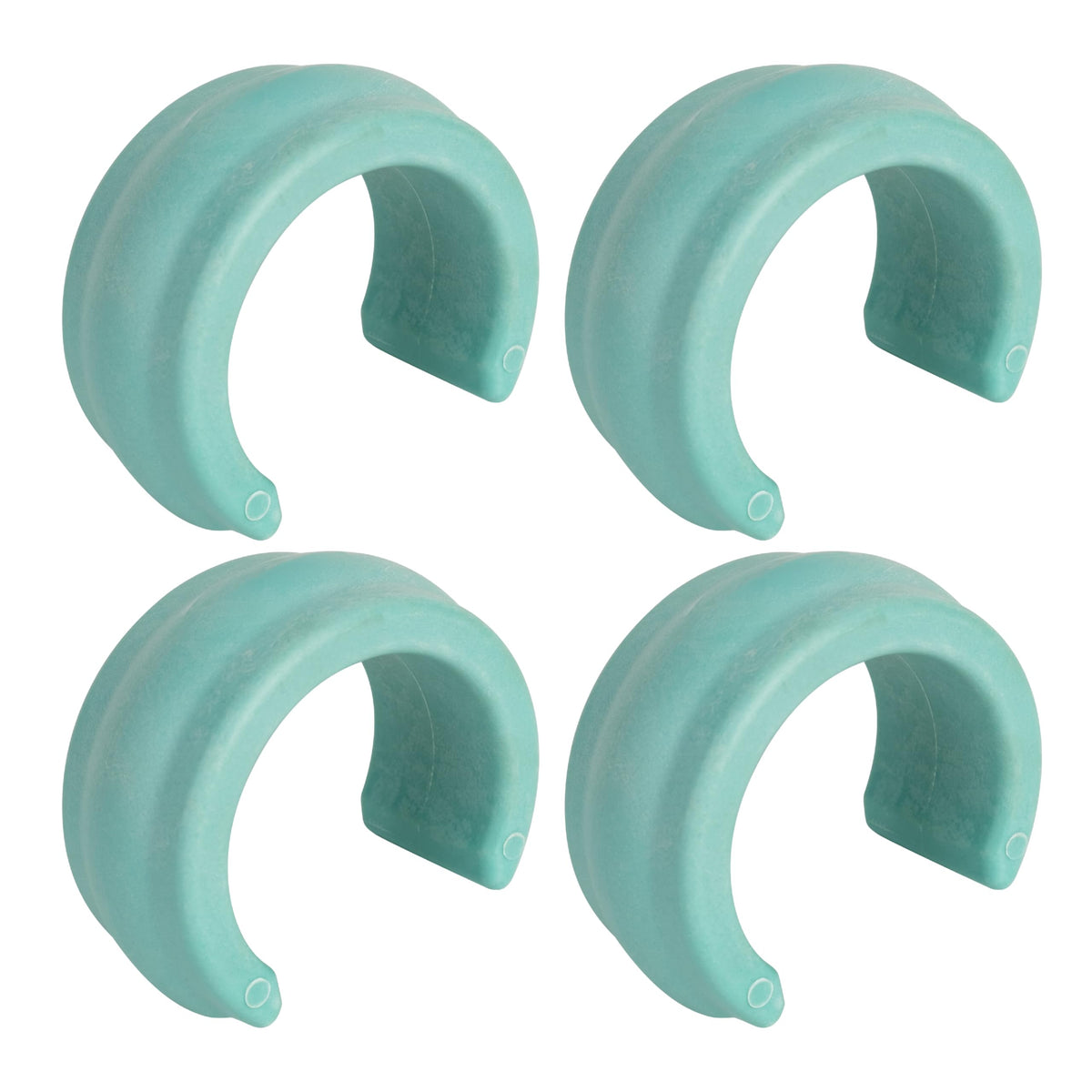 Set of four teal universal pool cleaner hose weights for Zodiac, Hayward, and Pentair vacuum systems.