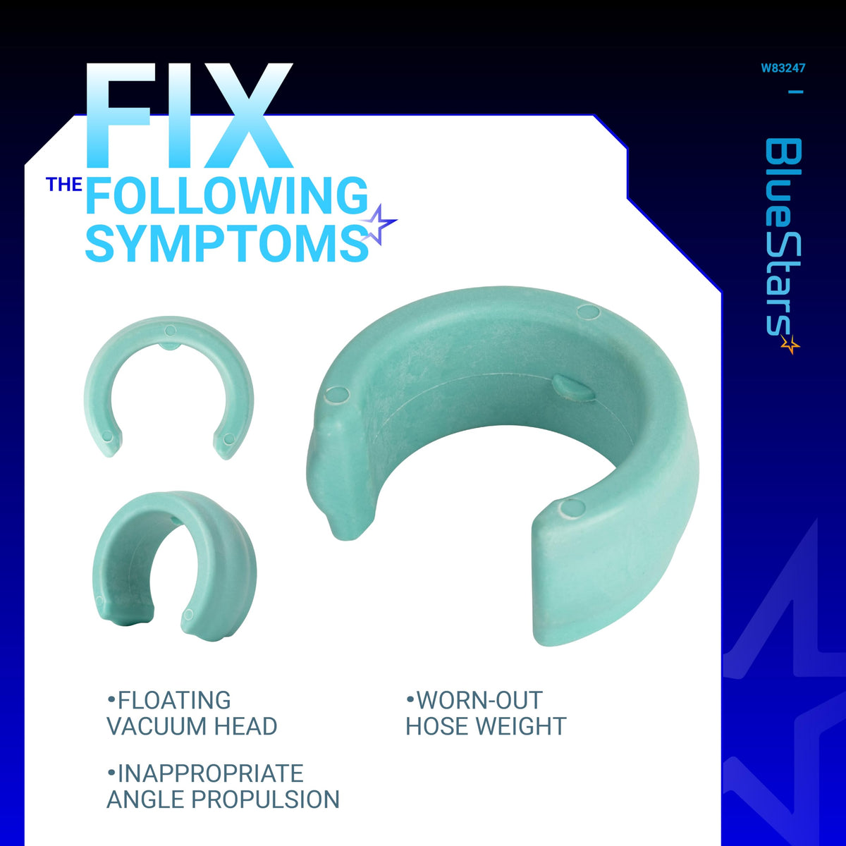 Universal pool cleaner hose weight W83247 showing symptoms fixed by replacement parts.
