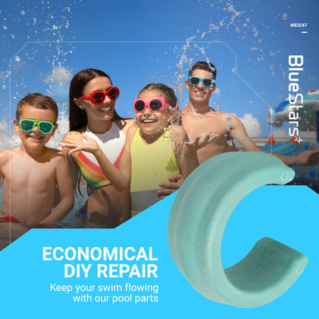 Close-up of a single W83247 universal pool cleaner hose weight on a promotional lifestyle background.